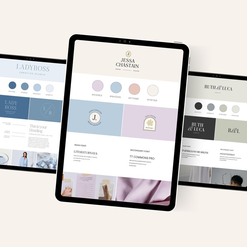May include: Three tablets displaying brand design concepts. The tablets showcase color palettes, logos, and font selections for "LADYBOSS", "JESSA CHASTAIN", and "RUTH & LUCA". The color schemes include pastel shades of blue, pink, and gray.