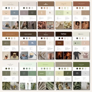 May include: A collection of branding mood boards with various logos, color palettes, and imagery. The designs feature neutral tones, including beige, brown, and green, with some boards showcasing photographs and product mockups. The boards are arranged in a grid.