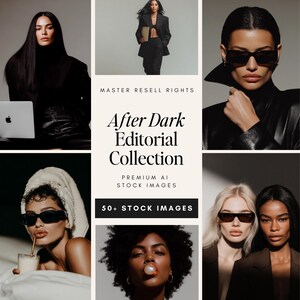Dark editorial AI stock photos cover image showing luxury feminine models in black blazers and sunglasses, part of the After Dark Editorial Collection with 50+ premium stock images and Master Resell Rights for female entrepreneurs and content creators.