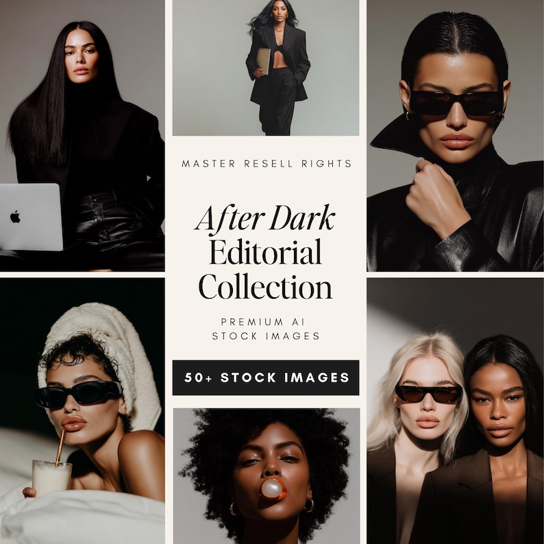 Dark editorial AI stock photos cover image showing luxury feminine models in black blazers and sunglasses, part of the After Dark Editorial Collection with 50+ premium stock images and Master Resell Rights for female entrepreneurs and content creators.