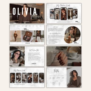 Puede incluir: Dise&ntilde;o de portafolio digital con el nombre "OLIVIA Miller" en letras blancas grandes. El dise&ntilde;o presenta fotograf&iacute;as de moda y estilo de vida, mostradas en tel&eacute;fonos m&oacute;viles y maquetas de sitios web. El dise&ntilde;o tiene una paleta de colores neutros.
