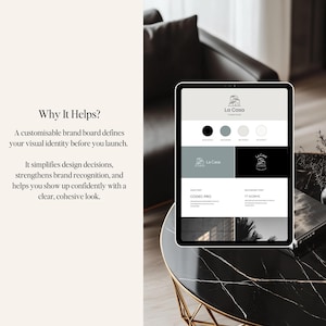May include: A digital tablet displays a brand board with the text "La Casa" and color swatches. The tablet is on a black marble table with gold legs. Text on the tablet reads "Why It Helps?" and "A customisable brand board defines your visual identity before you launch."