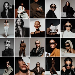 Premium AI editorial stock photo collection featuring diverse feminine models in luxury fashion, moody portraits, dark aesthetic visuals and sophisticated lifestyle shots for female entrepreneurs, coaches and luxury brand content.