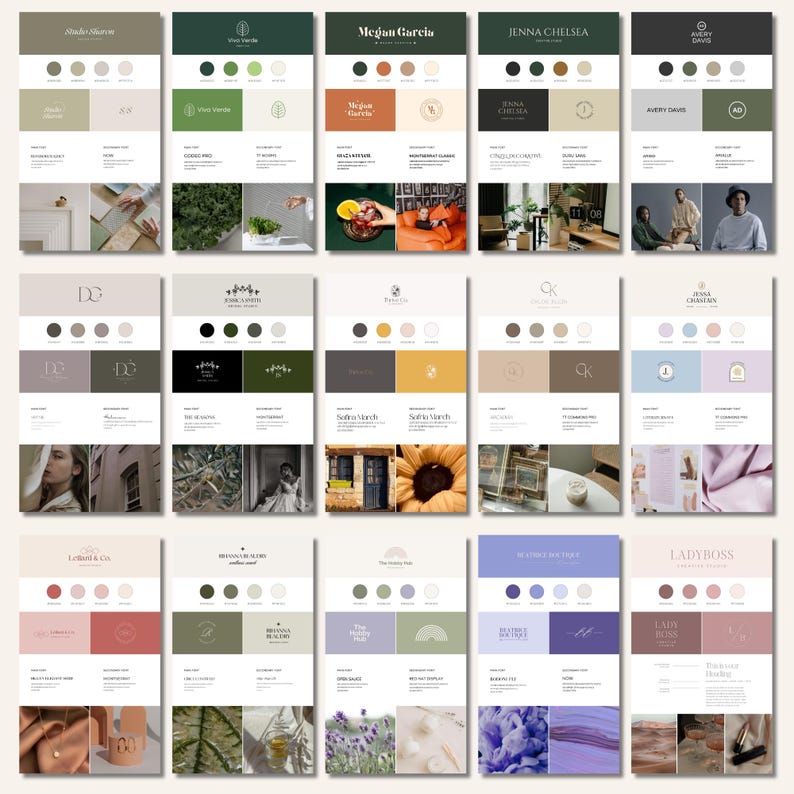May include: A collection of design mood boards with various color palettes and branding elements. Each board features a name, color swatches, and sample images. The boards are in shades of green, brown, beige, and purple.