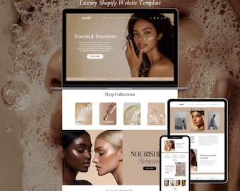 Tema de Shopify para cuidado de la piel limpio / Plantilla de sitio web minimalista / Diseño de Shopify para tienda de belleza de lujo / Más de 60 plantillas editables de Canva y más de 300 fotos