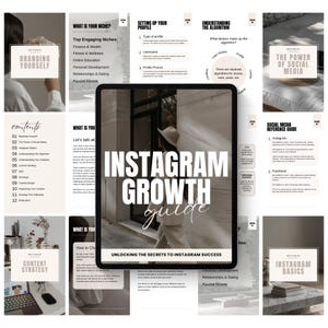 May include: A digital guide titled "Instagram Growth Guide" with the tagline "Unlocking the Secrets to Instagram Success." The guide's cover features a woman in a white outfit. Surrounding the guide are pages with content on branding, social media, and content strategy.