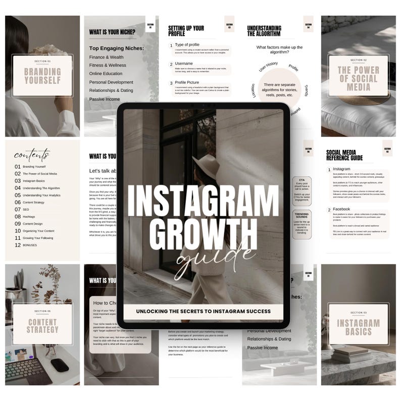 May include: A digital guide titled "Instagram Growth Guide" with the tagline "Unlocking the Secrets to Instagram Success." The guide's cover features a woman in a white outfit. Surrounding the guide are pages with content on branding, social media, and content strategy.