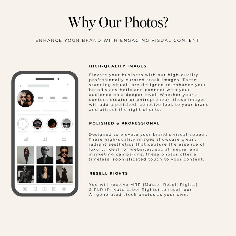 hy Our Photos informational page highlighting the benefits of the After Dark Editorial Collection including high-quality AI stock images, polished and professional luxury aesthetic, and Master Resell Rights with PLR licence for content creators.