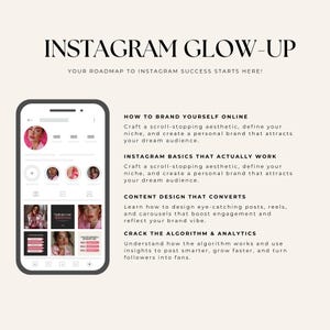 Instagram Growth Guide ebook with phone showing branded Instagram feed layout for influencers and content creators