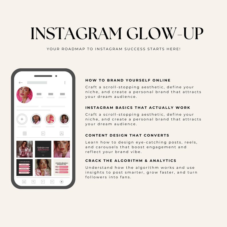 Instagram Growth Guide ebook with phone showing branded Instagram feed layout for influencers and content creators