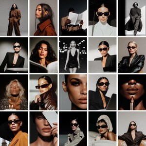 Full preview grid of 20+ dark editorial AI stock photos featuring luxury feminine portraits, fashion-inspired moments, moody lifestyle visuals and elevated brand aesthetics perfect for faceless marketing and digital content creators.