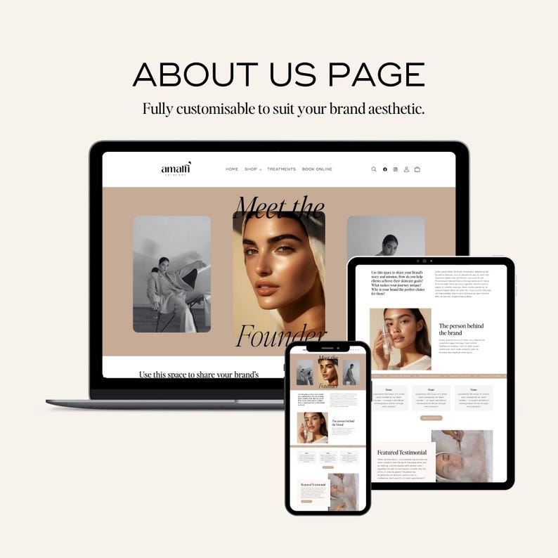 Clean Shopify about page layout with customizable text sections and brand-focused visuals, ideal for small business owners.