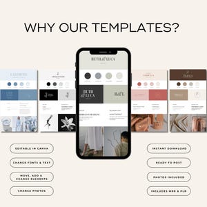 May include: A smartphone displays a website design with the text "WHY OUR TEMPLATES?". The image showcases various design templates with the text "LADYBOSS", "ODELIA WALIER", and "Banca". Additional text includes "EDITABLE IN CANVA" and "INSTANT DOWNLOAD".