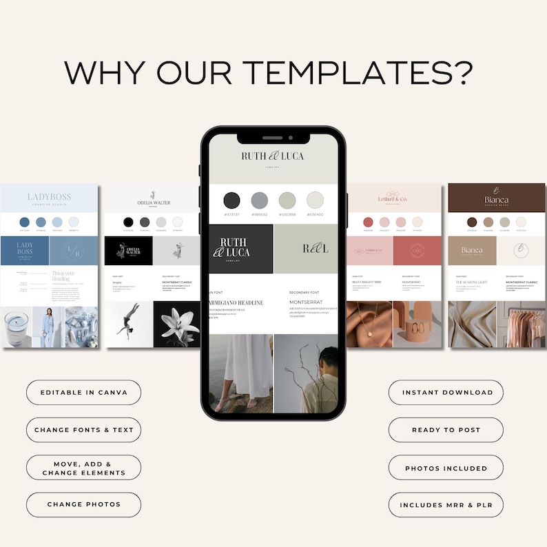 May include: A smartphone displays a website design with the text "WHY OUR TEMPLATES?". The image showcases various design templates with the text "LADYBOSS", "ODELIA WALIER", and "Banca". Additional text includes "EDITABLE IN CANVA" and "INSTANT DOWNLOAD".