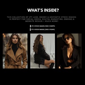 May include: Black background with the text "WHAT'S INSIDE?" and details about a collection of 271 stock images. The image includes three photos of women in stylish outfits.