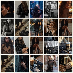 May include: A collage of images showcasing fashion and lifestyle themes. The images include black handbags, a black leather jacket, a black puffer jacket, and a woman holding champagne. Other images include a woman with a dog and a woman with an umbrella in the rain.