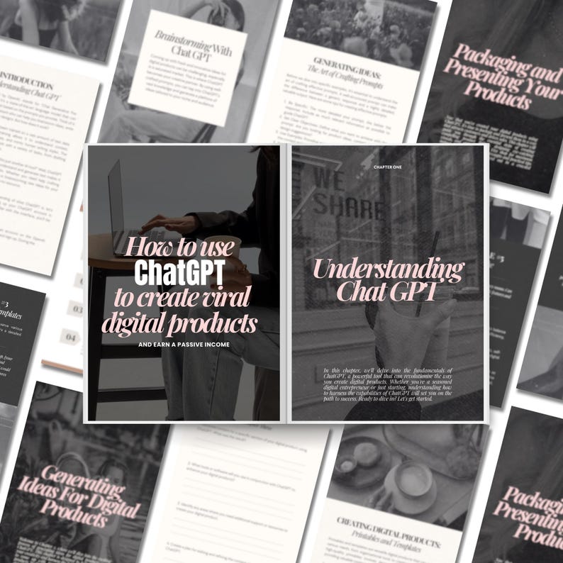 May include: A collection of grayscale book covers and pages. The central book cover reads "How to use ChatGPT to create viral digital products and earn a passive income." Other covers include "Understanding Chat GPT" and "Generating Ideas for Digital Products."