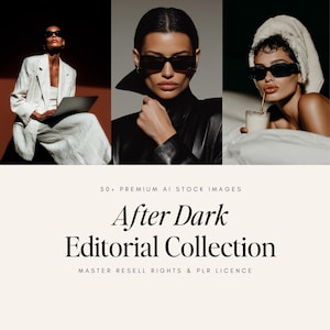 May include: A promotional image featuring three women wearing sunglasses. The image includes the text "After Dark Editorial Collection". The women are in various poses, one with a laptop, another in a black leather jacket, and the third with a towel on her head.