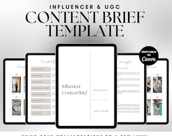 May include: A digital template for creating influencer content briefs. The template is designed to be used in Canva and includes sections for campaign objectives, brand messaging, product details, design theme, and post guidelines. The template is white with black text and a gray background.