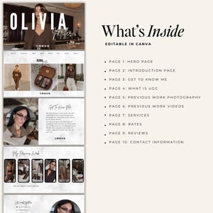 Puede incluir: Una plantilla de marketing digital con el nombre "OLIVIA Miller" en la parte superior. La plantilla incluye secciones para una p&aacute;gina de inicio, introducci&oacute;n, ejemplos de trabajo e informaci&oacute;n de contacto. El texto "What's Inside" se muestra con una lista de temas de p&aacute;gina.