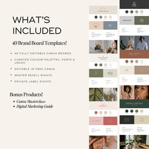 May include: A digital marketing product display featuring brand board templates. The image includes text that reads "WHAT'S INCLUDED" and lists features such as editable Canva boards, curated color palettes, fonts, and logos. Bonus products include a Canva Masterclass and a Digital Marketing Guide.