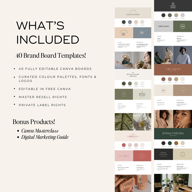 May include: A digital marketing product display featuring brand board templates. The image includes text that reads "WHAT'S INCLUDED" and lists features such as editable Canva boards, curated color palettes, fonts, and logos. Bonus products include a Canva Masterclass and a Digital Marketing Guide.
