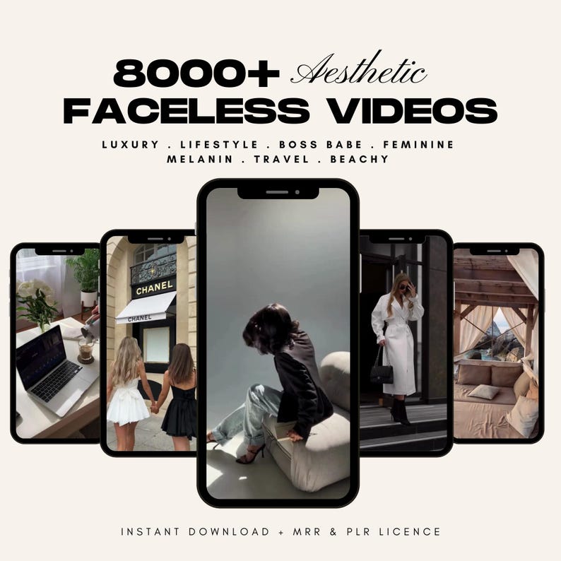 Luxury & Feminine Faceless Videos – Boss babe, melanin, beachy, and travel aesthetics in this massive 8000+ video collection for social media marketers.