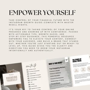May include: A digital marketing guide titled "EMPOWER YOURSELF" with the text "TAKE CONTROL OF YOUR FINANCIAL FUTURE WITH THE INSTAGRAM GROWTH GUIDE". The guide includes sections on branding, social media, and content strategy.