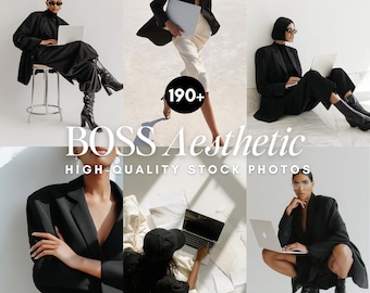 May include: A collage of images featuring individuals in black blazers and outfits, using laptops. The text "BOSS Aesthetic" and "HIGH-QUALITY STOCK PHOTOS" is displayed. A circle with the number "190+" is also visible.