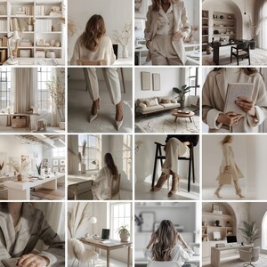 Elegant Female Entrepreneur Working at Desk – A stylish woman in a neutral office setting, working on a laptop with natural sunlight. Ideal for business, productivity, and remote work visuals.