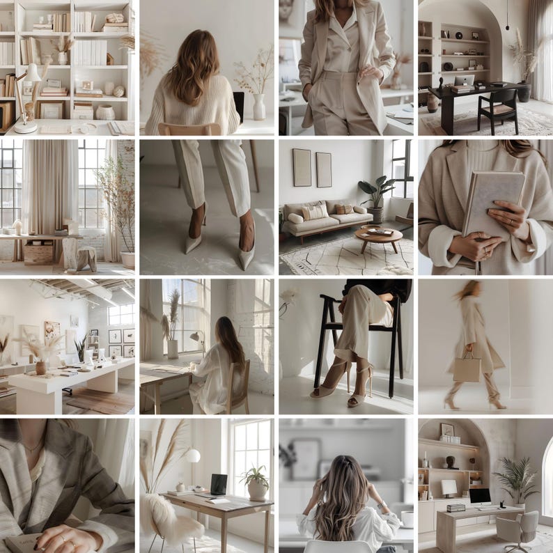 Elegant Female Entrepreneur Working at Desk – A stylish woman in a neutral office setting, working on a laptop with natural sunlight. Ideal for business, productivity, and remote work visuals.