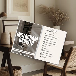 May include: An open book titled "Instagram Growth Guide" with the text "Unlocking the Secrets to Instagram Success." The book's contents include topics like branding, social media, and content strategy. The image is set on a wooden desk with decorative items.
