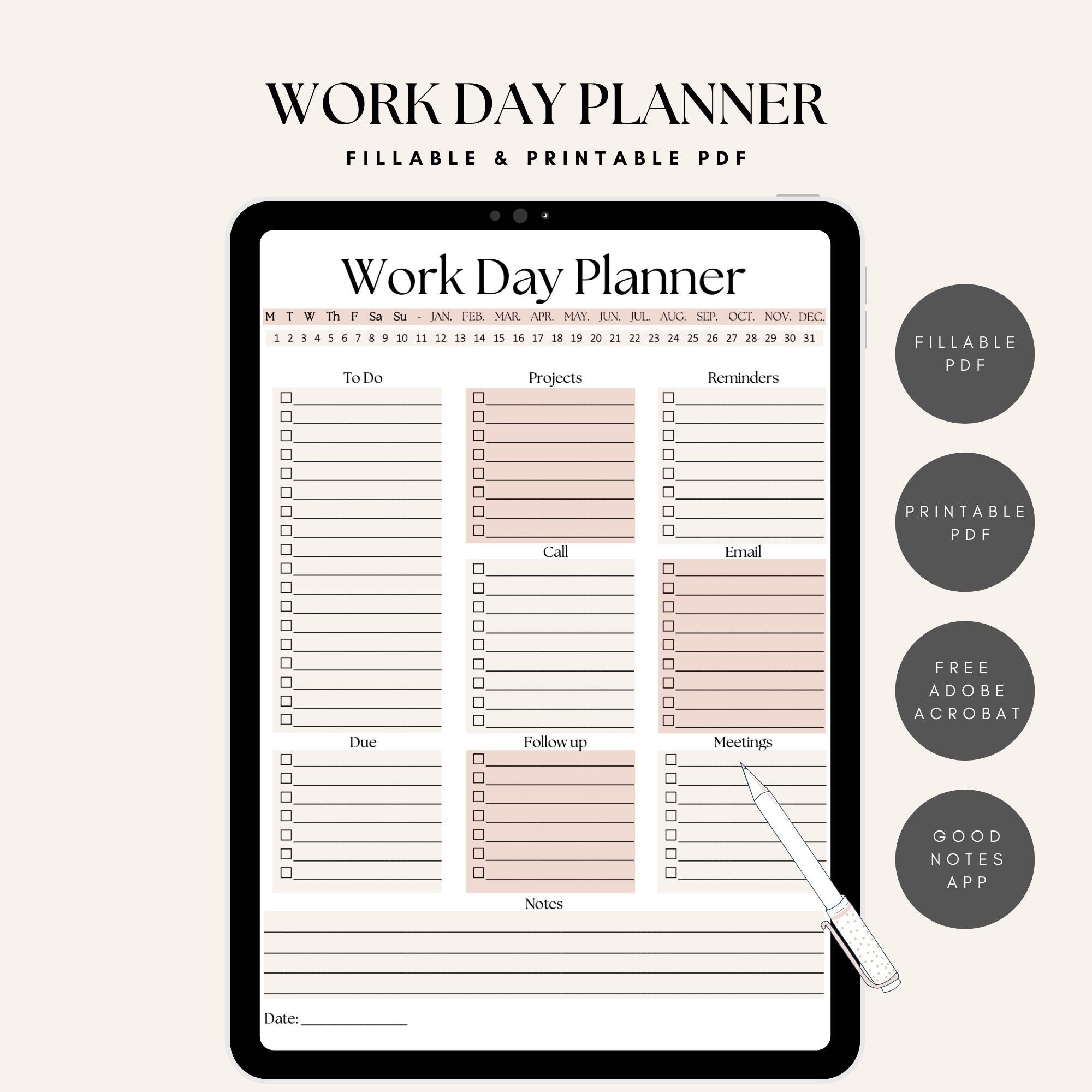 Work Day Planner — Printable Productivity Planner, Work Planner Instant ...