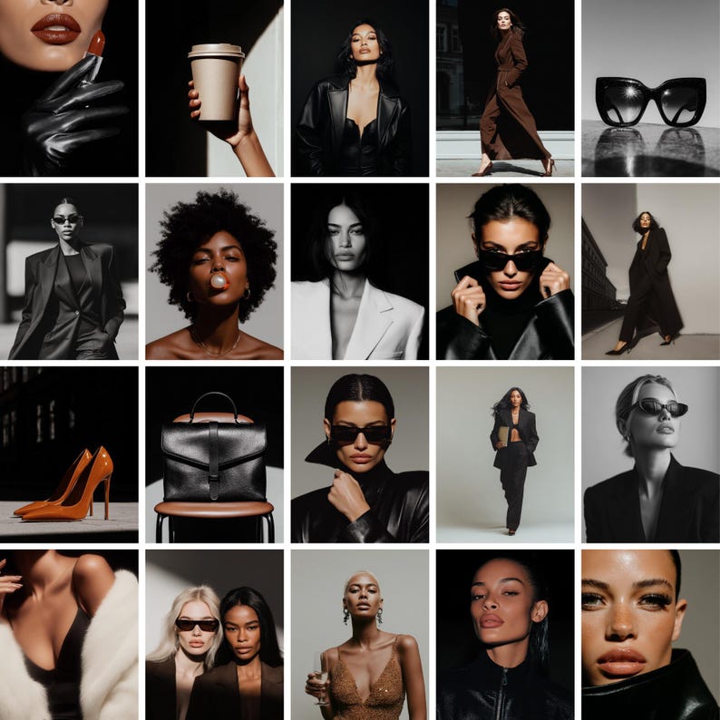 Curated grid of luxury AI stock images showing dark feminine lifestyle photos including leather gloves, coffee, designer accessories, editorial portraits and high fashion moments for premium brand content and faceless Instagram marketing.