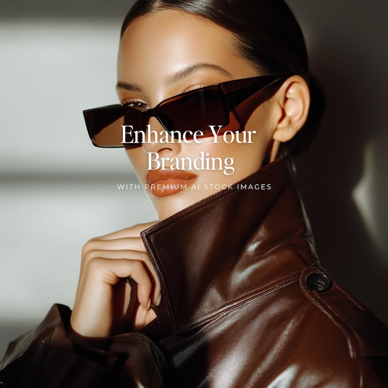 Luxury editorial AI stock photo of a model in brown leather coat and sunglasses with text overlay reading "Enhance Your Branding With Premium AI Stock Images" representing the elevated dark feminine aesthetic of the After Dark Collection.