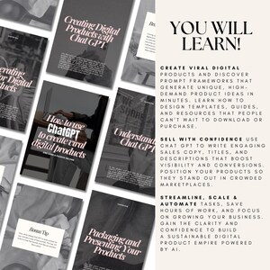 May include: A collection of digital product guides with titles like "Creating Digital Products with Chat GPT" and "How to use ChatGPT to create viral digital products." The text "YOU WILL LEARN!" is displayed prominently.