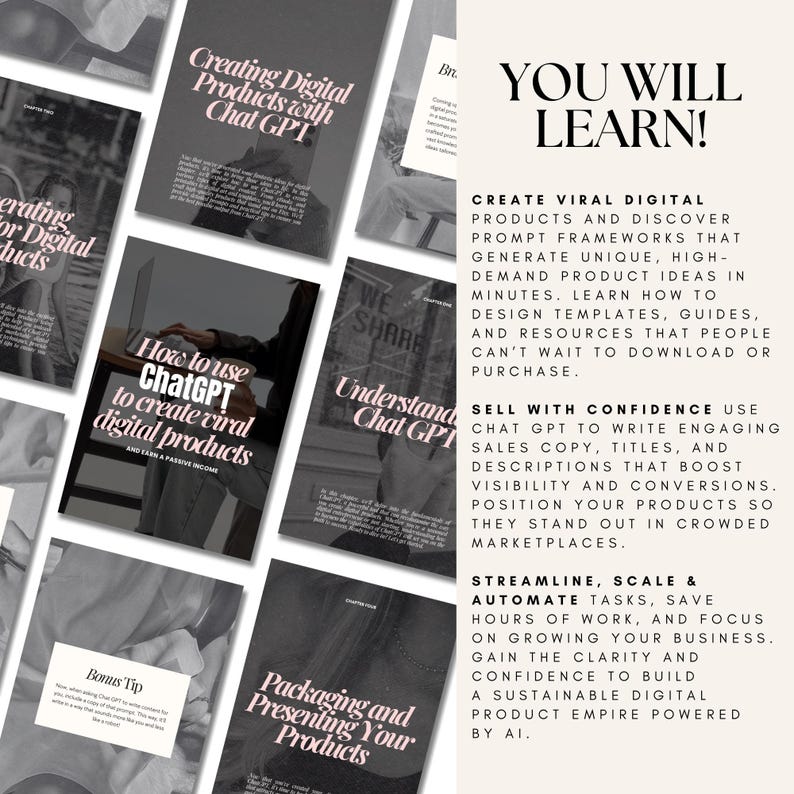 May include: A collection of digital product guides with titles like "Creating Digital Products with Chat GPT" and "How to use ChatGPT to create viral digital products." The text "YOU WILL LEARN!" is displayed prominently.