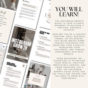 May include: A digital guide titled "Instagram Growth Guide" with the text "You Will Learn!" on a white background. The guide includes sections on setting up a profile, content strategy, and social media reference. The guide promises to help users grow their Instagram accounts.