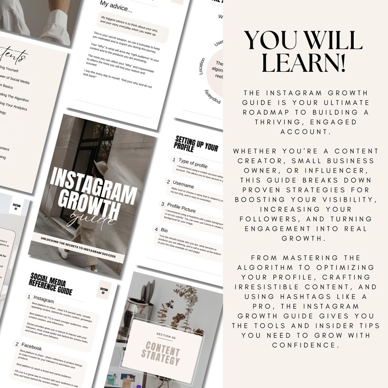 May include: A digital guide titled "Instagram Growth Guide" with the text "You Will Learn!" on a white background. The guide includes sections on setting up a profile, content strategy, and social media reference. The guide promises to help users grow their Instagram accounts.