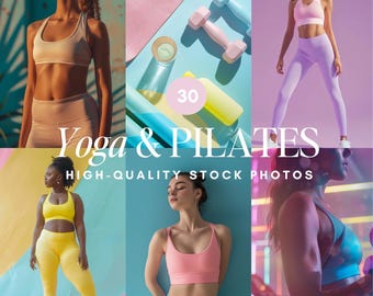 Pilates Bilder: 30 AI Fitness Bilder, Yoga und Wellness Branding, MRR PLR (Digital Download)