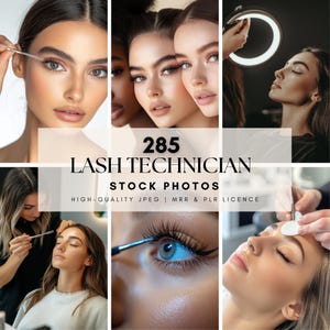 May include: A collection of 285 high-quality stock photos of lash technicians applying eyelashes to clients. The photos are perfect for use in marketing materials, social media, and websites.