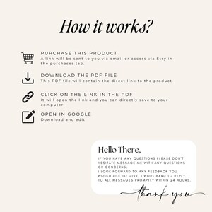 May include: A beige graphic with the text "How it works?" and instructions for purchasing, downloading, and opening a file. Includes a "Hello There" message and a "thank you" note.