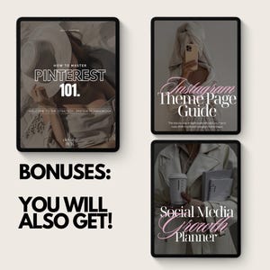 May include: A digital marketing bundle featuring three tablets displaying guides on Pinterest, Instagram, and social media growth. The Pinterest guide is titled "Pinterest 101." The Instagram guide is titled "Instagram Theme Page Guide." The social media guide is titled "Social Media Growth Planner."