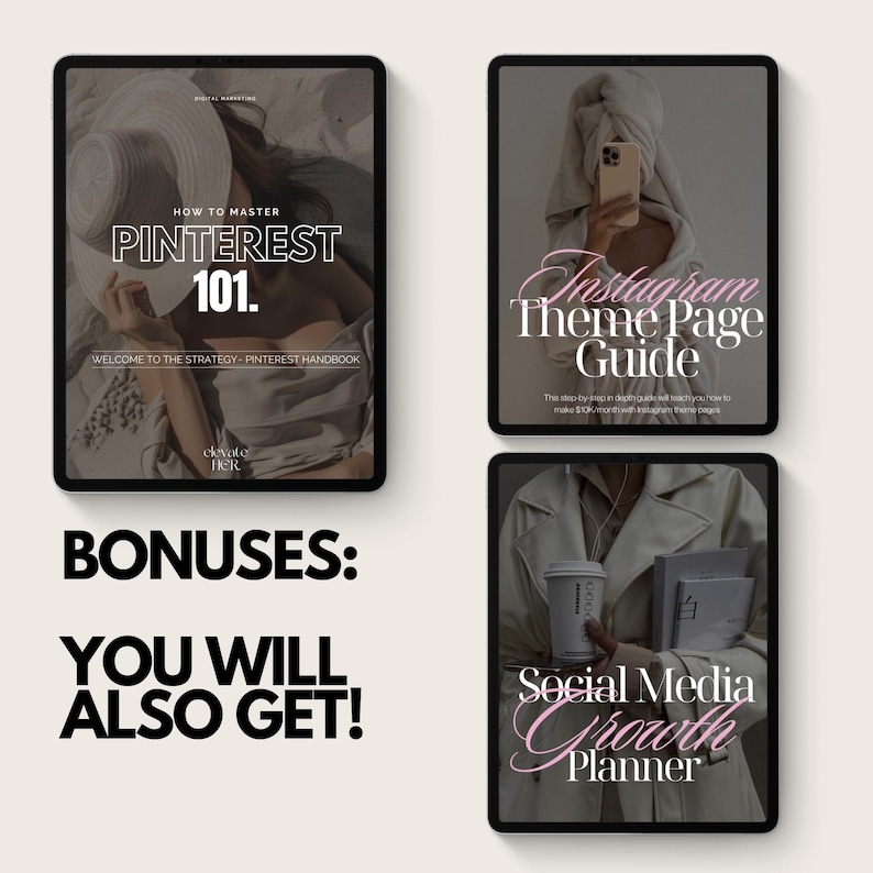 May include: A digital marketing bundle featuring three tablets displaying guides on Pinterest, Instagram, and social media growth. The Pinterest guide is titled "Pinterest 101." The Instagram guide is titled "Instagram Theme Page Guide." The social media guide is titled "Social Media Growth Planner."