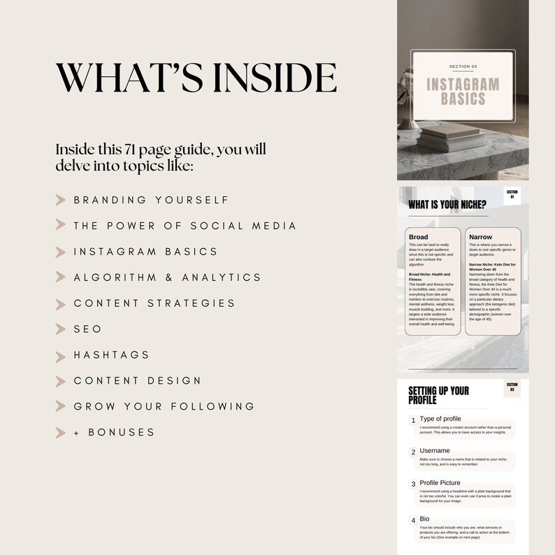 May include: A digital guide titled "WHAT'S INSIDE" with topics like branding, social media, Instagram basics, and SEO. The guide includes a section on Instagram basics and setting up a profile. The guide is 71 pages long.