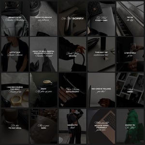 May include: A collage of 16 black and white images with white text overlays. The images feature various objects, including a handbag, a coffee cup, a book, and a person wearing a black jacket. The text overlays include phrases such as "Go Viral Everytime!" and "Turn Passion Into Profit".