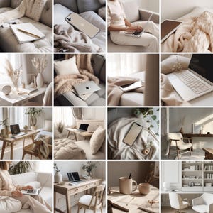 Master resell rights included – 65 stylish neutral office stock images for digital use.