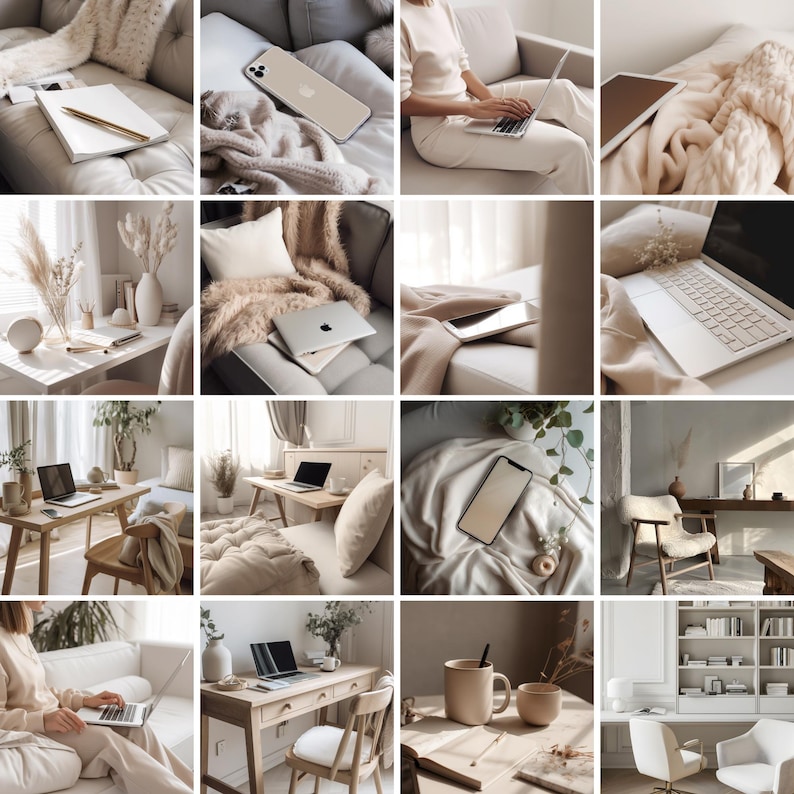 Master resell rights included – 65 stylish neutral office stock images for digital use.