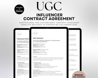 Plantilla de contrato de influencers y UGC: Acuerdo personalizable (editable en Canva)