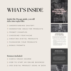 May include: A digital product guide with the title "WHAT'S INSIDE" and the text "Inside this 38 page guide, you will delve into topics like:" followed by a list of topics. The guide also includes bonuses such as a Canva crash course.